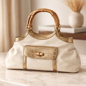 Cream and Gold Bamboo-Handle Ladies Tote